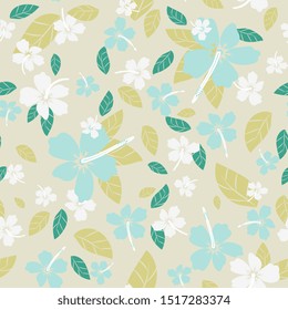 Leaves and flowers hibiscus hand drawn seamless pattern. Abstract green plants drawing. Scandinavian style naive backdrop. Exotic, tropical split leaves. Botanical wrapping paper, textile flat design