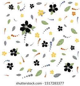Leaves and flowers hibiscus hand drawn seamless pattern. Abstract green plants drawing. Scandinavian style naive backdrop. Exotic, tropical split leaves. Botanical wrapping paper, textile flat design