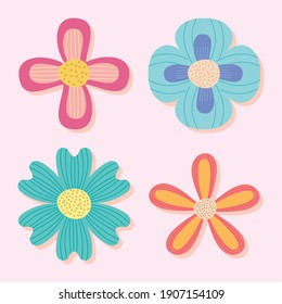 leaves and flowers icon set over pink background, colorful design, vector illustration
