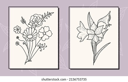 Leaves and Flowers Line Art Drawing. Floral Single Line Art, Aesthetic Contour. Modern Botanical Prints, trendy posters with plants. Abstract illustration.