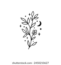 Leaves, flowers with moon and star. Hand sketch vector vintage elements. Vector illustration. Doodle cute style.