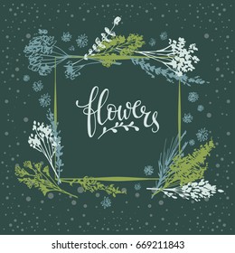 Leaves and flowers on a dark background in a square decoration with a frame. Vector illustration