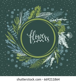 Leaves and flowers on a dark background in a round design. Vector illustration