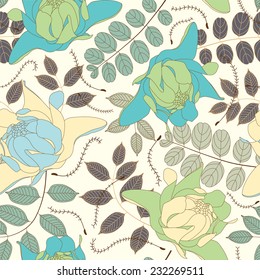 leaves and flowers on a light background in seamless pattern