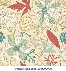leaves and flowers on a light background in seamless pattern