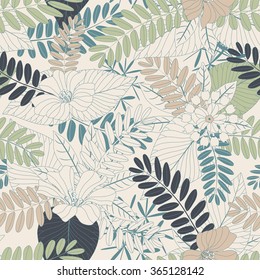 leaves and flowers on a white background in seamless pattern