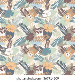 leaves and flowers on a white background in seamless pattern