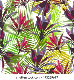 Leaves and flowers of palm tree. Seamless pattern. Vector background.