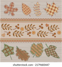 Leaves and flowers  with patchwork elements, wooden background. Vector illustration