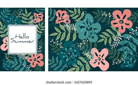 Leaves and flowers pattern, hand-drawn watercolor modern vector illustration. Plants print. Creative background. Design for notebook, banner, cover, wallpaper, fabric. Summer sale or text area for ano