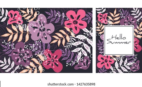 Leaves and flowers pattern, hand-drawn watercolor modern vector illustration. Plants print. Creative background. Design for notebook, banner, cover, wallpaper, fabric. 