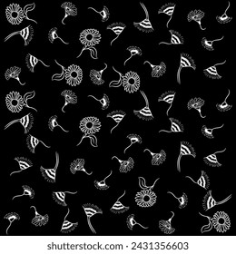 Leaves and flowers pattern in sketch style with 2 colors black and white, timeless fashion design.