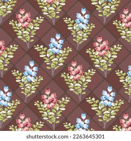 Leaves and flowers in a pattern.Vector pattern with leaves and flowers on a colored tile background.