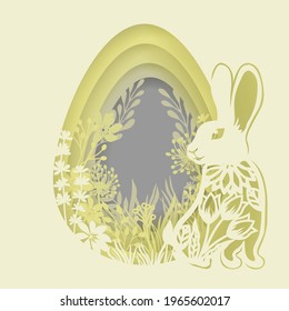 hojas, flores, conejo, conejo, liebre tallada en huevo. Ilustración vectorial. Huevos de Pascua para las vacaciones de Pascua. Corte láser. Ilustración vectorial. Patrón para el corte láser, el trazador y la impresión de pantalla.