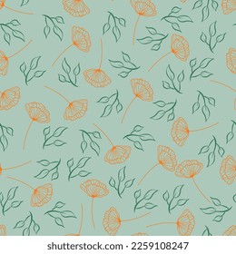 Leaves and flowers repeat pattern. Floral pattern design. Botanical tile. Good for prints, wrappings, textiles and fabrics.