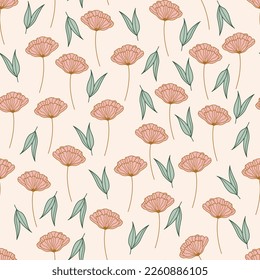 Leaves and flowers repeat pattern. Floral pattern design. Botanical tile. Good for prints, wrappings, textiles and fabrics.