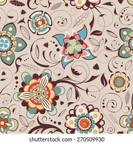 leaves and flowers in seamless pattern