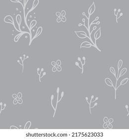 Leaves and flowers seamless pattern. Doodle nature elements background texture. Botanical design.