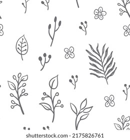 Leaves and flowers seamless pattern. Doodle nature elements background texture. Botanical design.