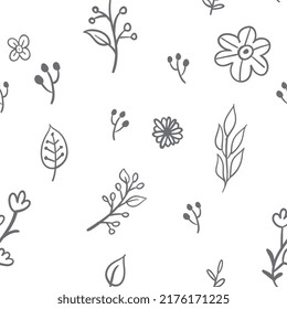 Las hojas y las flores son un patrón sin fisuras. Textura de fondo de elementos de naturaleza Doodle. Diseño botánico.