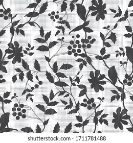 Leaves and flowers seamless pattern isolated hand drawn silhouettes of plants, vector illustration