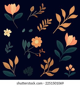 Leaves and Flowers Set for Pattern on Black Background. Vector