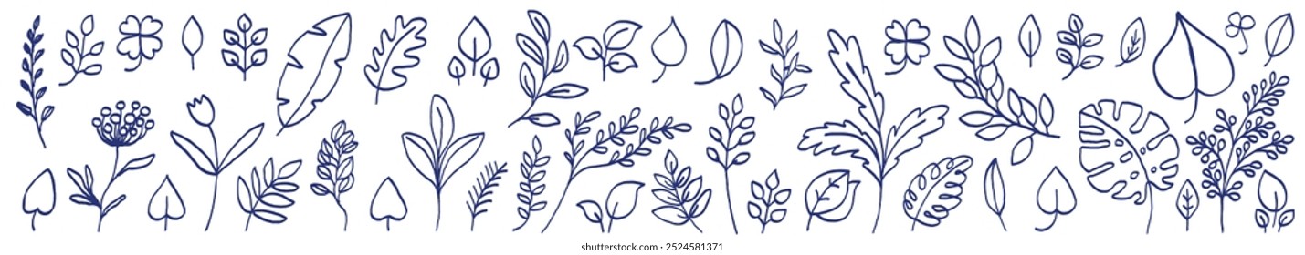 Las hojas y las flores dibujan la colección. Conjunto de Ilustración vectorial dibujado a mano. Dibujo azul de la pluma o de la hoja del marcador. Imagen de niños primitivos