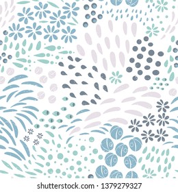 Leaves, flowers and stylized floral textured elements background. Vector seamless abstract ditsy pattern with botanical motiffs in neutral colors.