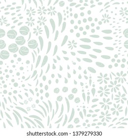 Leaves, flowers and stylized floral textured elements background. Vector seamless abstract ditsy pattern with botanical motiffs in neutral colors.