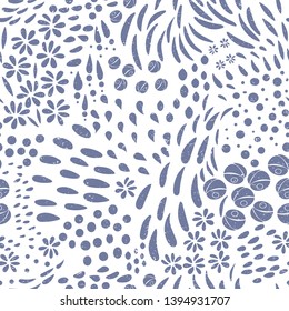 Leaves, flowers and stylized floral textured elements background. Vector seamless abstract ditsy pattern with botanical motiffs in neutral colors.