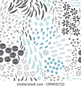 Leaves, flowers and stylized floral textured elements background. Vector seamless abstract ditsy pattern with botanical motiffs in neutral colors.