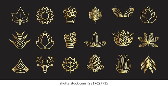 Leaves and flowers vector element luxury gold color line art bundle vol-2