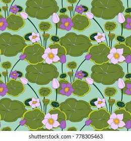 The leaves and flowers of water lilies. Lotuses. seamless vector background.