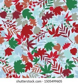 Leaves and flowers winter seamless pattern with branches, leaves, berries and flowers. Christmas floral hand drawn background for gift wrap paper, fabric design, surface decoration, digital paper