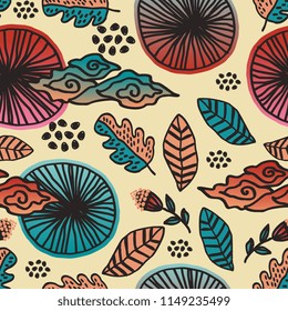 Leaves and foliage of autumn pattern background with hand drawn multicolor style