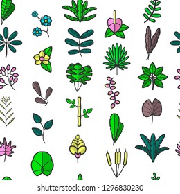 Leaves and foliage exotic plants floral seamless pattern vector frontage flowering plants and bushes foliage bamboo or calla and reeds blossom and blooming tropical flowers botanical endless texture.