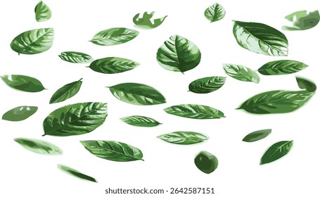 Leaves foliage vector, flying purified, refreshing on transparent background, plant design, eco friendly greenery, fresh leaves, nature illustration, natural plant graphics