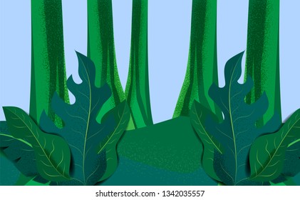 leaves and forest landscape background. banner template.environment safety celebration.vector illustration art style.Modern flat color design.grain and noise texture.