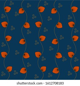 Leaves in the form of orange hearts on a wavy stem,, seamless pattern, dark blue background