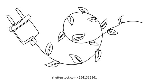 Leaves forming an energy symbol in continuous one line drawing. Go green energy concept representing nature-inspired power.