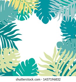Leaves frame template. Tropical summer decoration frame. For greeting, invitation card. Botanical vector illustration