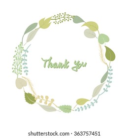 Leaves frame. Thank you card with colorful floral wreath in pale colors. Can be used as invitation card for wedding, birthday and summer background