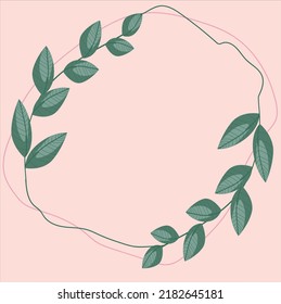leaves frame vector elegant minimal style invitation background for text editable stroke green leaves branches pink background abstract lines circle frame
