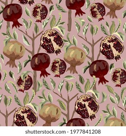 Leaves and fruit of garnet vector seamless pattern. Square design for fabric, wallpaper, wrapping paper, scrapbook, invitation card. Pink and purple colors.