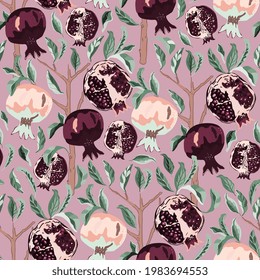 Leaves and fruit of garnet vector seamless pattern. Square design for fabric, wallpaper, wrapping paper, scrapbook, invitation card. Pink, lilac, purple colors.