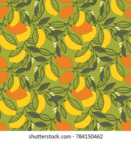 The leaves and fruit of lemon on the branches. Seamless pattern.