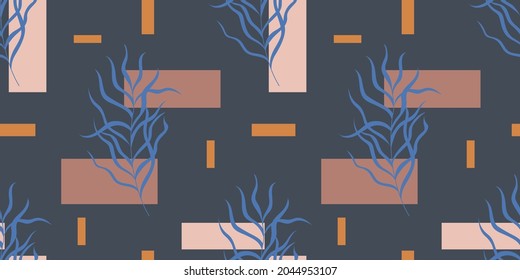Leaves and geometric figures seamless pattern in pastel color. Nature background. Vector illustration for design.