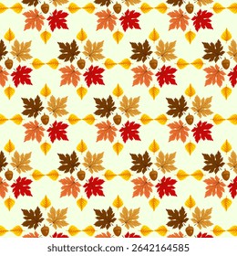 Leaves in a geometric pattern.Vector seamless pattern with colorful autumn leaves on a light background.