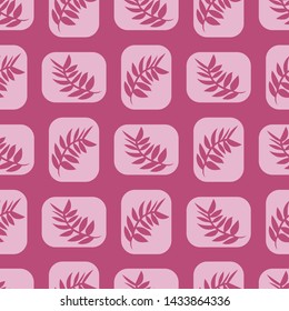 Leaves, geometric shapes seamless pattern. Tonal pink and red violet design makes a great background for graphic design. Beautiful for home decor, textiles, fashion and paper. Vector.