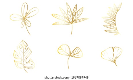 Leaves gold line hand drawn seamless pattern , isolated on white  background,  Vector Illustration EPS 10